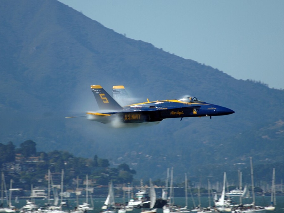 SAN FRANCISCO (Oct. 8, 2011) Lt. Cmdr. Ben Walborn, lead solo pilot for the U.S. Navy flight demonstration squadron, the Blue Angels, performs the Sneak Pass over San Francisco Bay during San Francisco Fleet Week. 